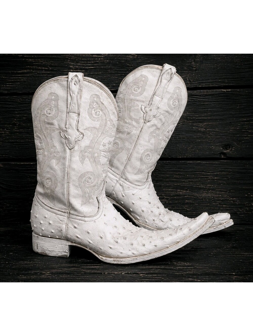 Vintage El General White Ostrich Cowboy Boots Eagle Snip Toe Western US 12
